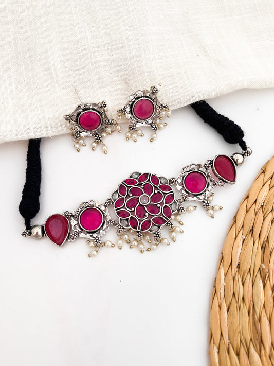MOHINI - German Silver Stone Choker With Earrings Magenta