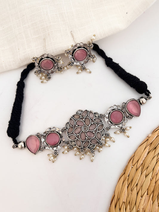 MOHINI- German Silver Stone Choker With Earrings Pink