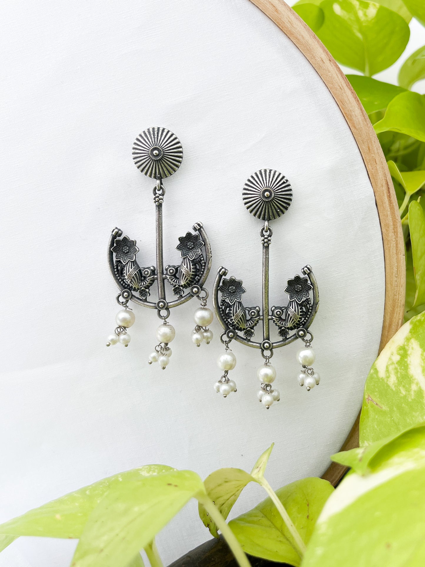 Mohini - Silver Tone Peacock On A Moon Earrings