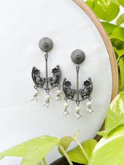 Mohini - Silver Tone Peacock On A Moon Earrings