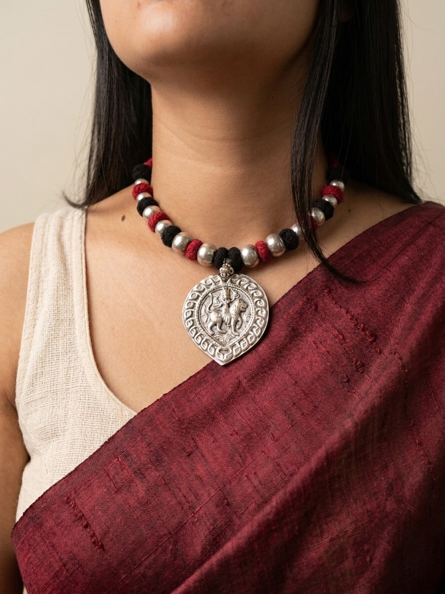 Mohini - Brass Paan Pendant Maroon Patwa Dhaga Neckpiece