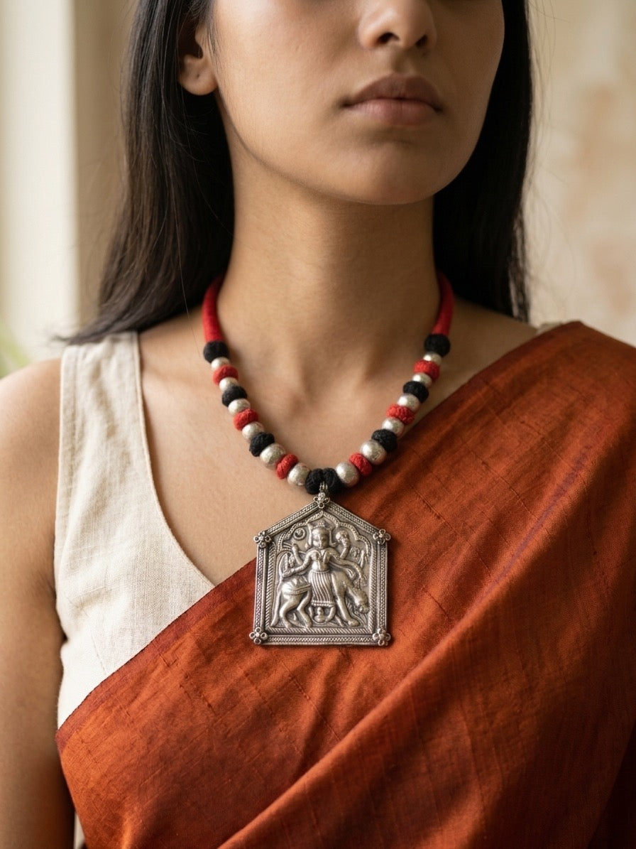 MOHINI - Brass Paan Pendant Rust Orange Patwa Dhaga Neckpiece