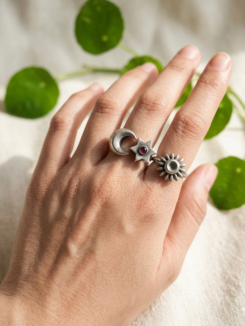 MOON AND STARS - German Silver Brass Double Ring