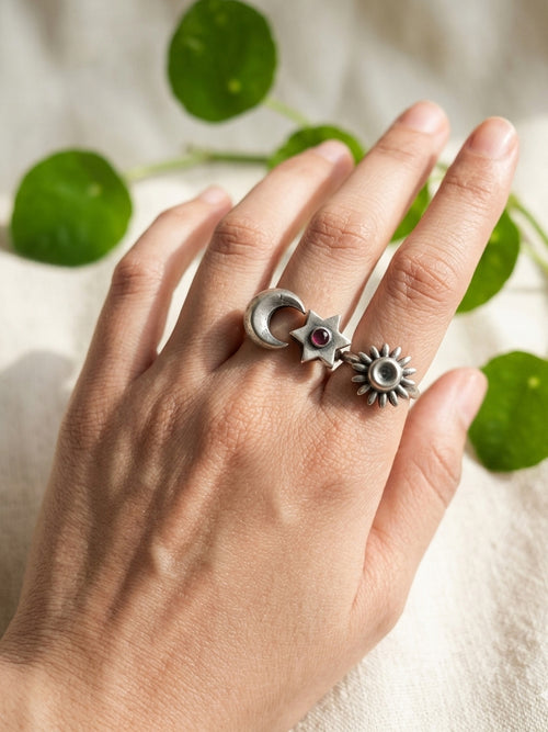 MOON AND STARS - German Silver Brass Double Ring