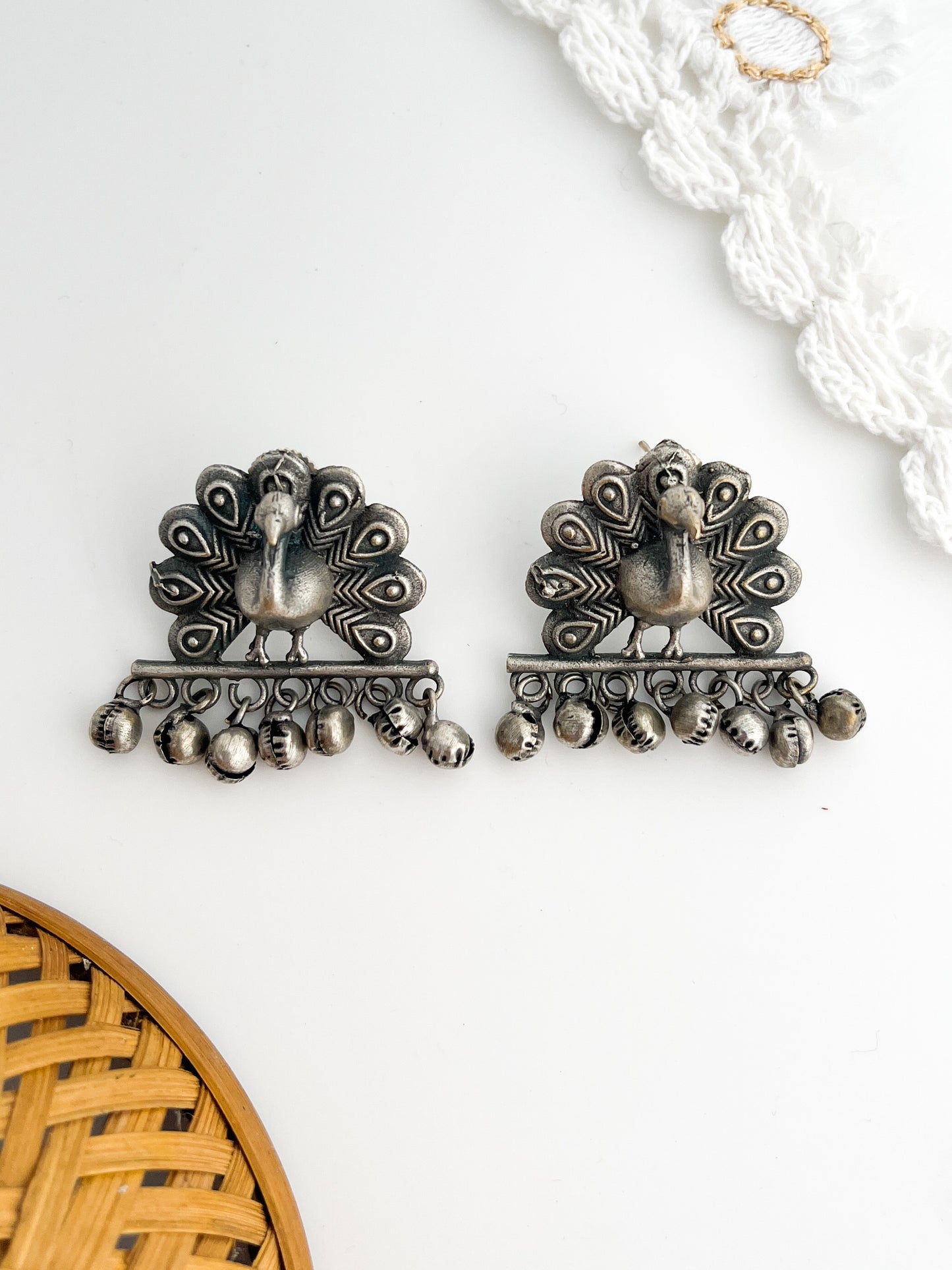 Mor - German Silver Peacock Ghungroo Studs