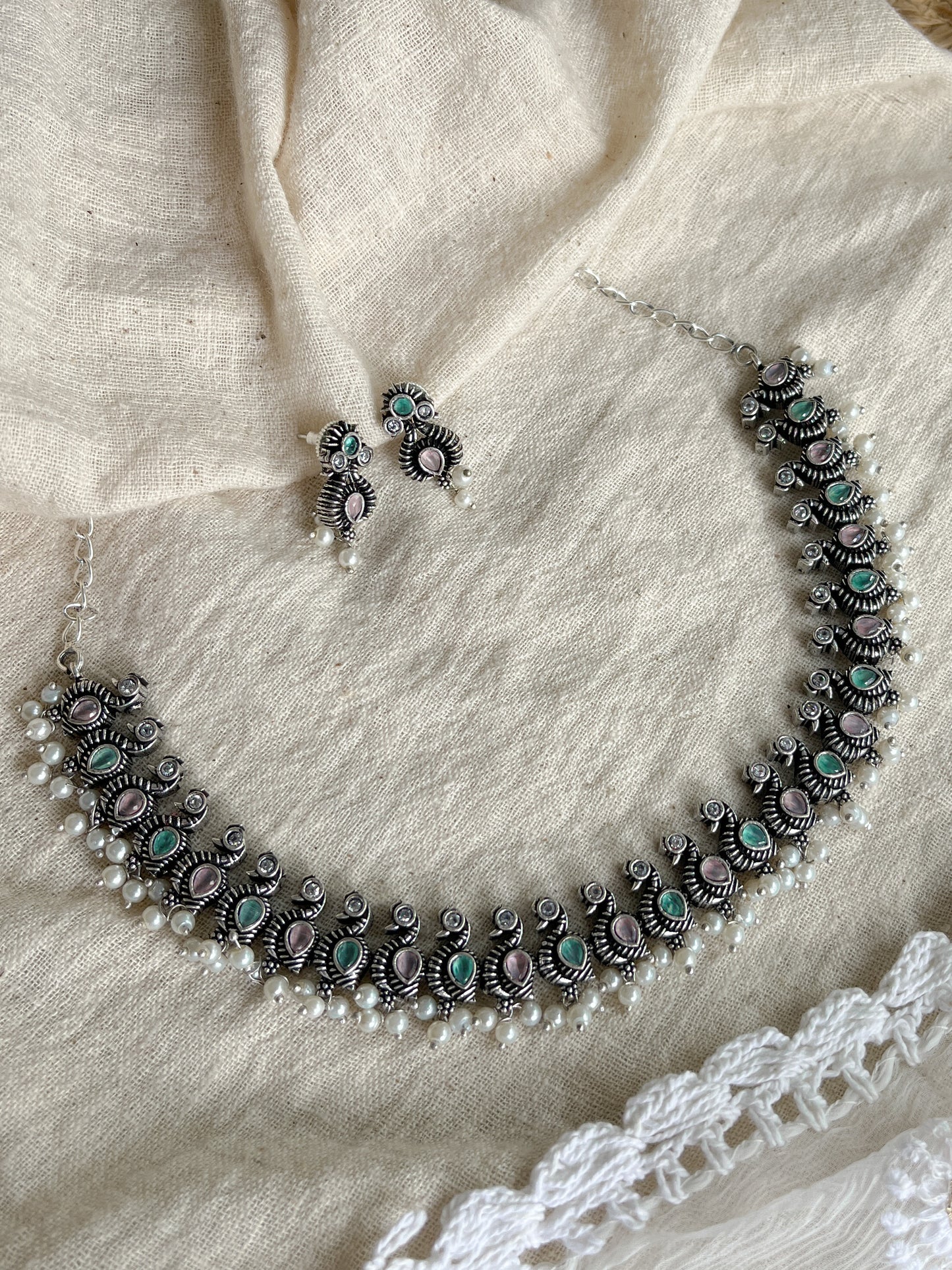 Mor Silver Oxidized Necklace Chocker Pastel