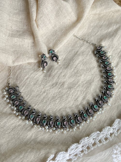 Mor Silver Oxidized Necklace Chocker Pastel