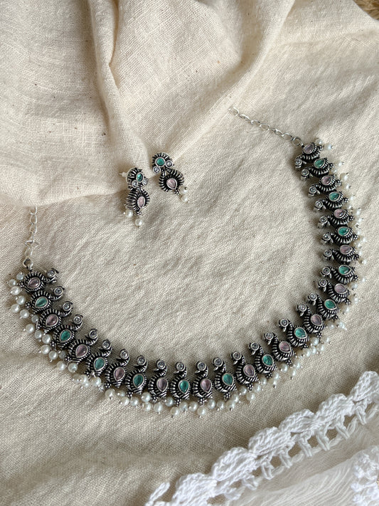 Mor Silver Oxidized Necklace Chocker Pastel