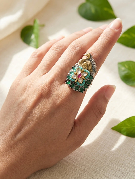 Morni Green - Dual Tone German Silver Kundan Work