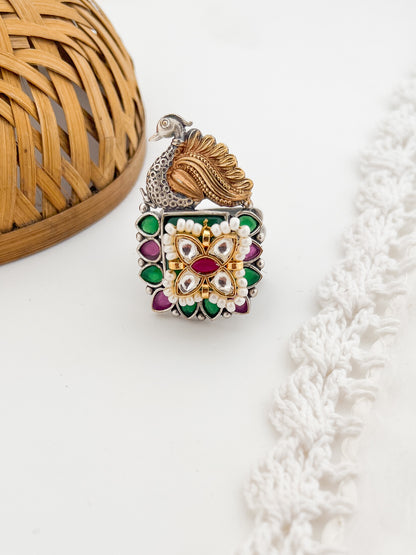 Morni Green Red - Dual Tone German Silver Kundan Work
