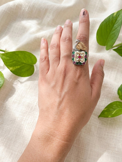 Morni Green Red - Dual Tone German Silver Kundan Work