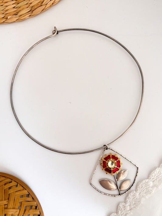 MOUSAMI - German Silver Hasli With Kundan Flower Plant Pendant