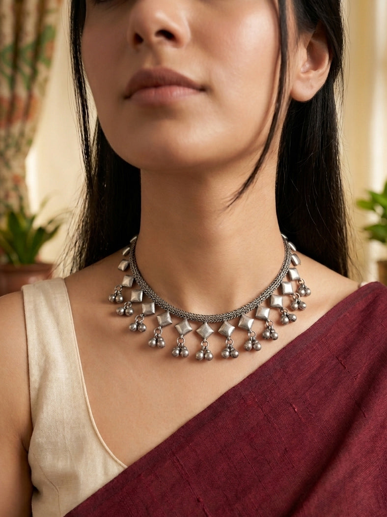 MOUSAMI - Silver Plated Brass Ghungroo Short Neckpiece