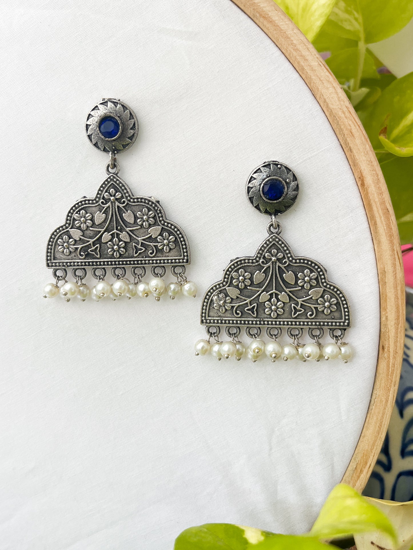 Mridhini - Silver Oxidised Danglers Dark Blue Stone