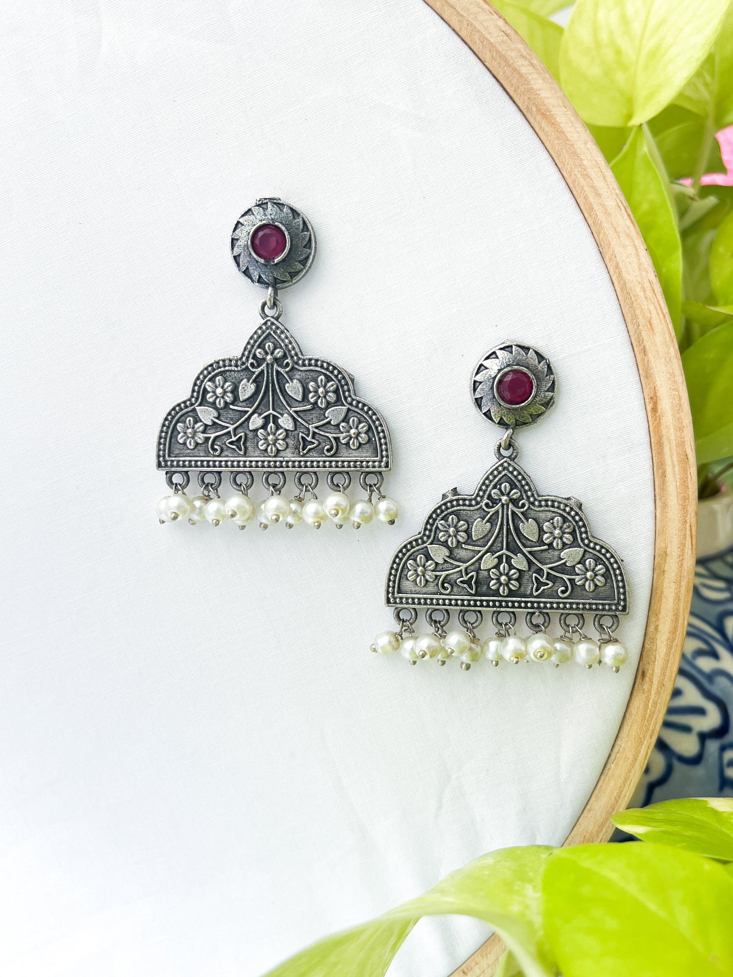 Mridhini - Silver Oxidised Danglers Magenta Stone