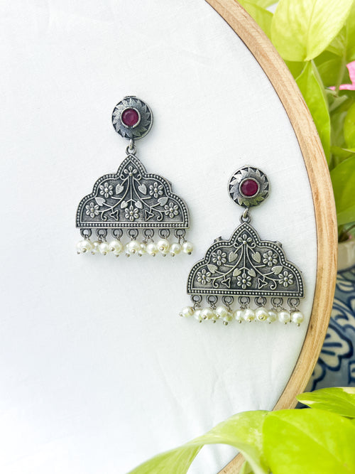 Mridhini - Silver Oxidised Danglers Magenta Stone