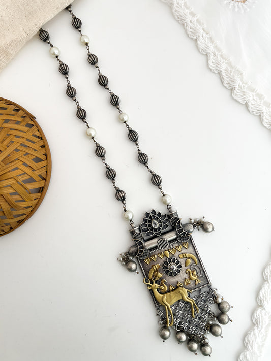 Mrugha - Silver Oxidized Dual Tone Deer Pendent Moti Mala Long Neckpiece