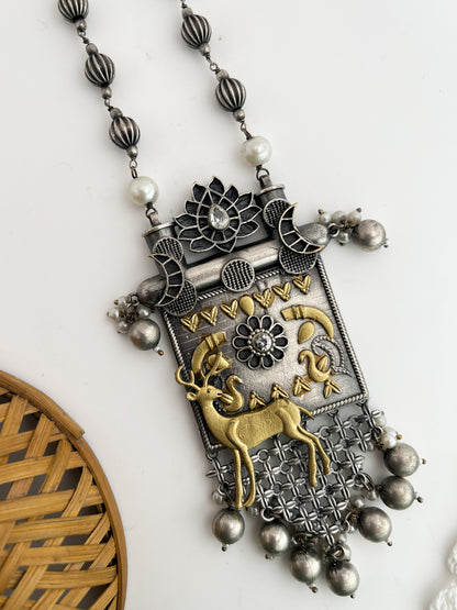Mrugha - Silver Oxidized Dual Tone Deer Pendent Moti Mala Long Neckpiece