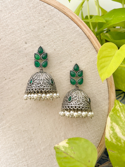Mrunal - Green Stone Intricate Jhumkas