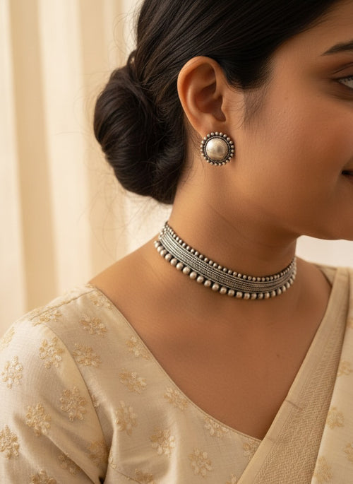 Mukdha - Silver Oxidized Long Neckpiece