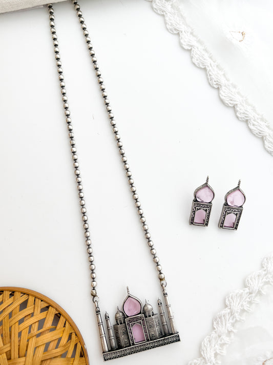 Mumtaz - Silver Oxidized Pink Stone Taj ong Neckpiece