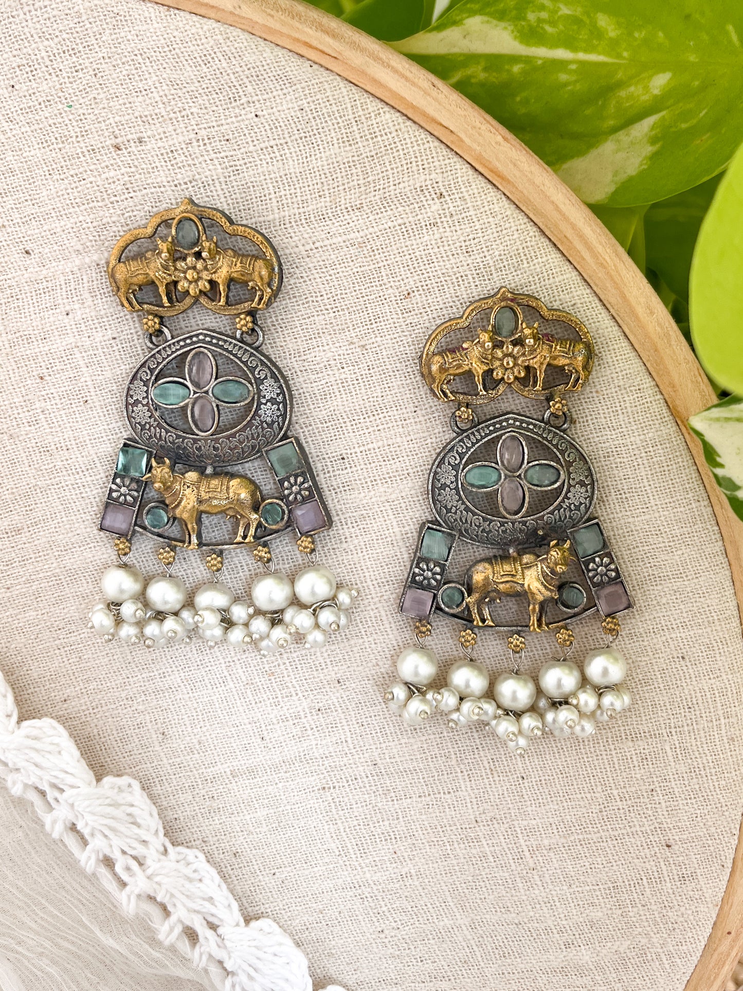Nandini - Dual Tone Baby Pink And Blue Stone Nandi Motif Dangler