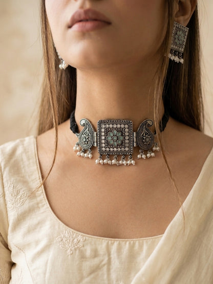 NANDINI - German Silver Chocker With Earrings Light Blue