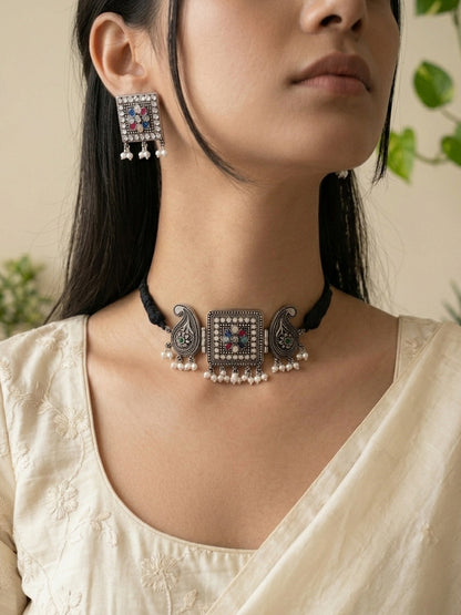 NANDINI- German Silver Chocker With Earrings Multi