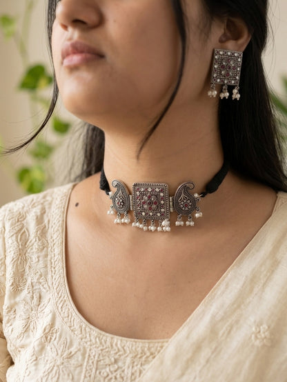 NANDINI - German Silver Chocker With Earrings White Red