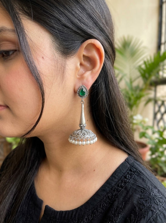 NAYANA - Brass With Silver Plating Jhumka Green