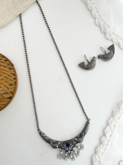Nayantara - Silver Oxidised Bird Long Neckpiece Blue