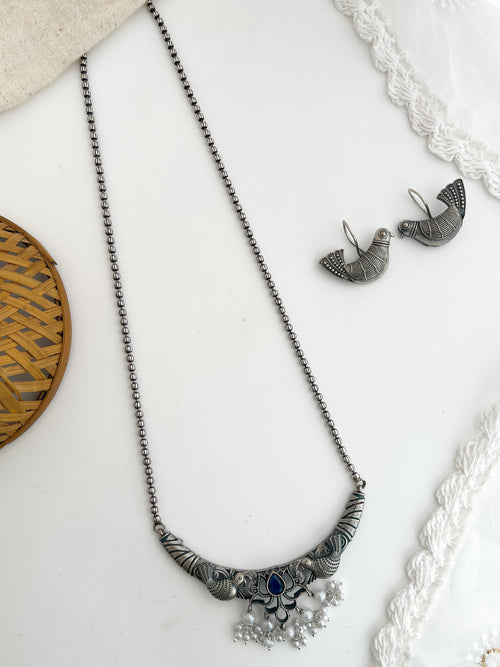 Nayantara - Silver Oxidised Bird Long Neckpiece Blue