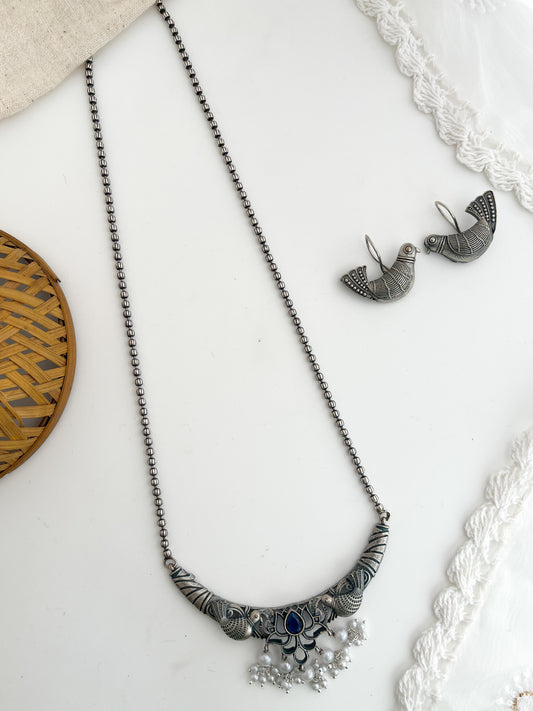 Nayantara - Silver Oxidised Bird Long Neckpiece Blue
