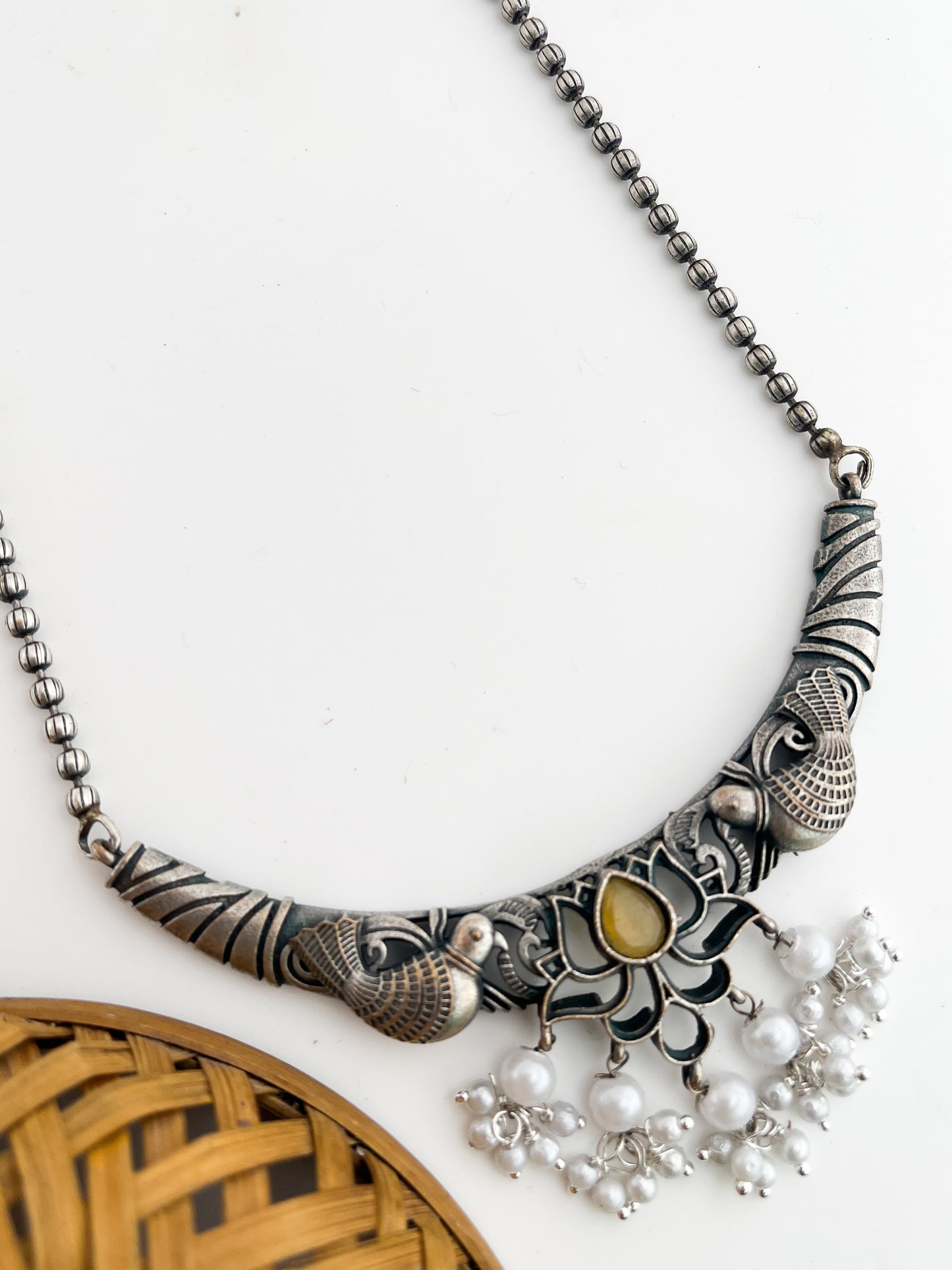 Nayantara - Silver Oxidised Bird Long Neckpiece Mustard