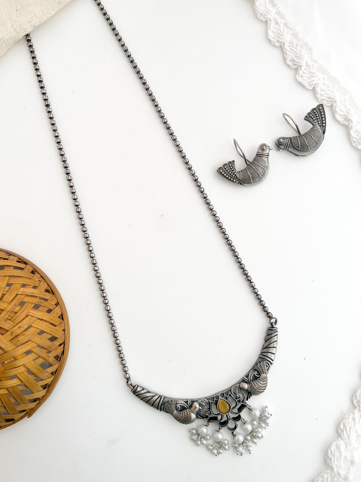Nayantara - Silver Oxidised Bird Long Neckpiece Mustard