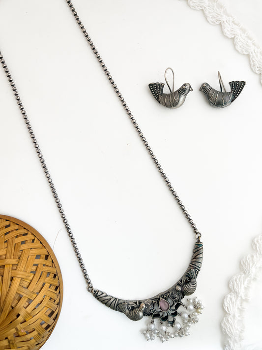 Nayantara - Silver Oxidised Bird Long Neckpiece Pink