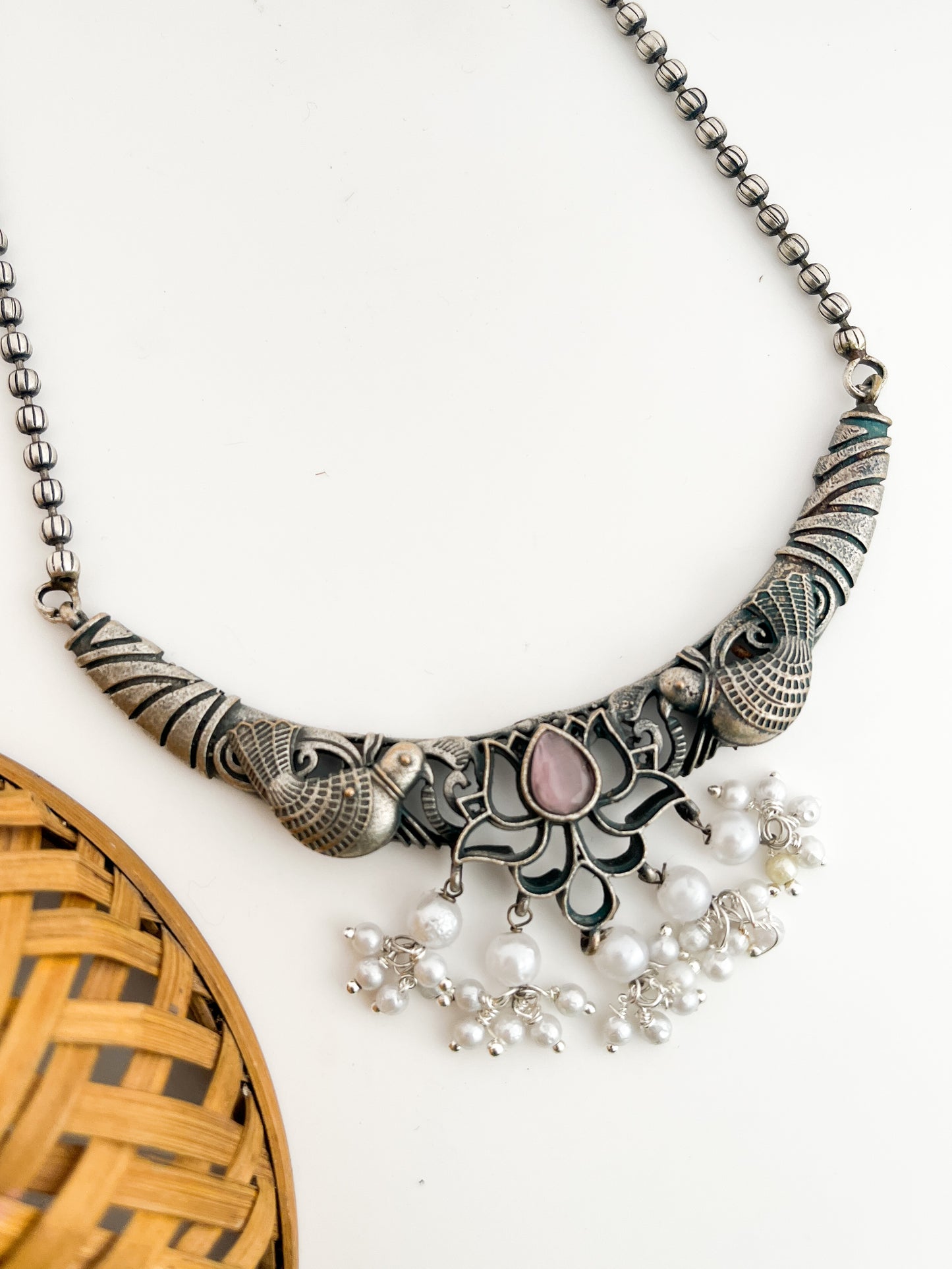 Nayantara - Silver Oxidised Bird Long Neckpiece Pink