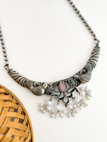 Nayantara - Silver Oxidised Bird Long Neckpiece Pink