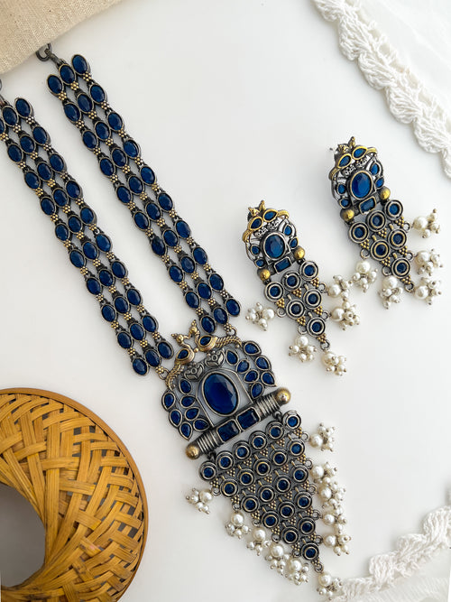 PADINI-Silver With Blue Stone Long Necklace Set
