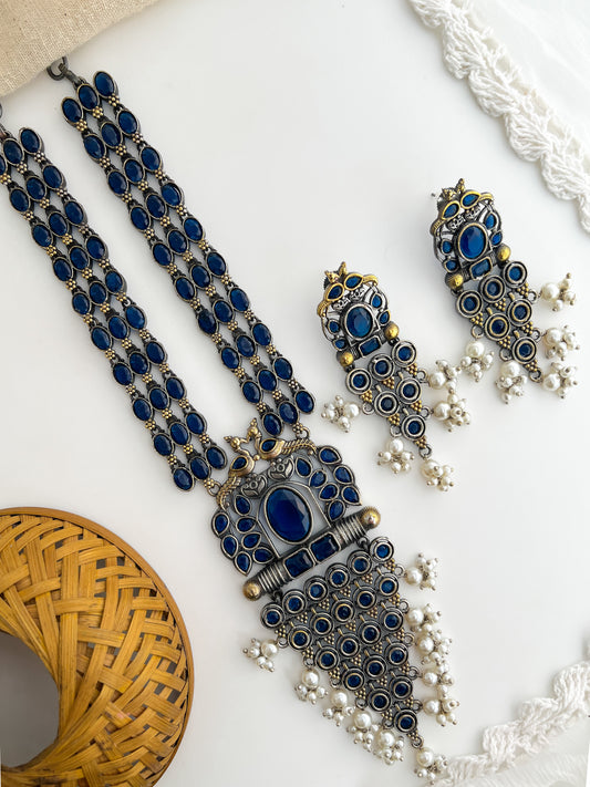 PADINI-Silver With Blue Stone Long Necklace Set
