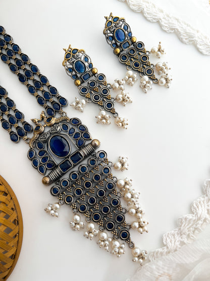 PADINI-Silver With Blue Stone Long Necklace Set