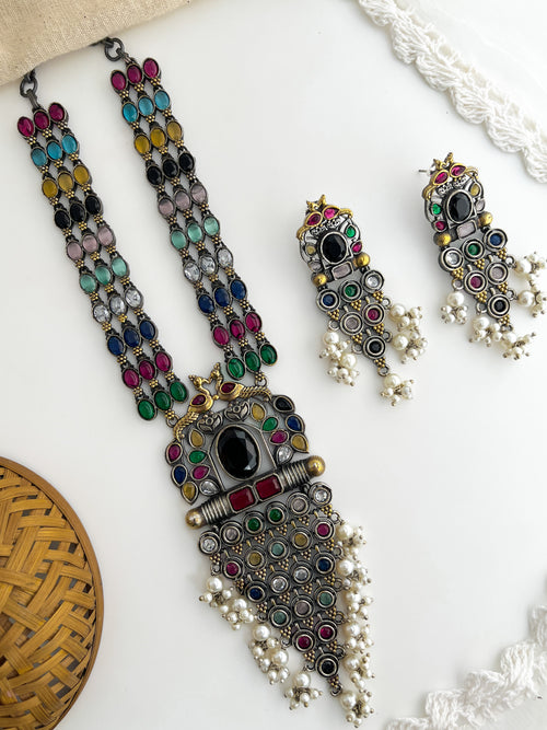 PADINI-Silver With Colourfull Stone Long Necklace Set