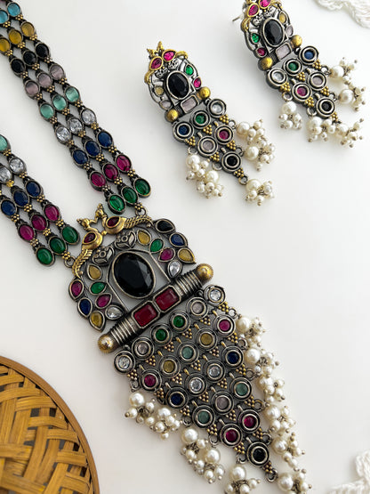 PADINI-Silver With Colourfull Stone Long Necklace Set