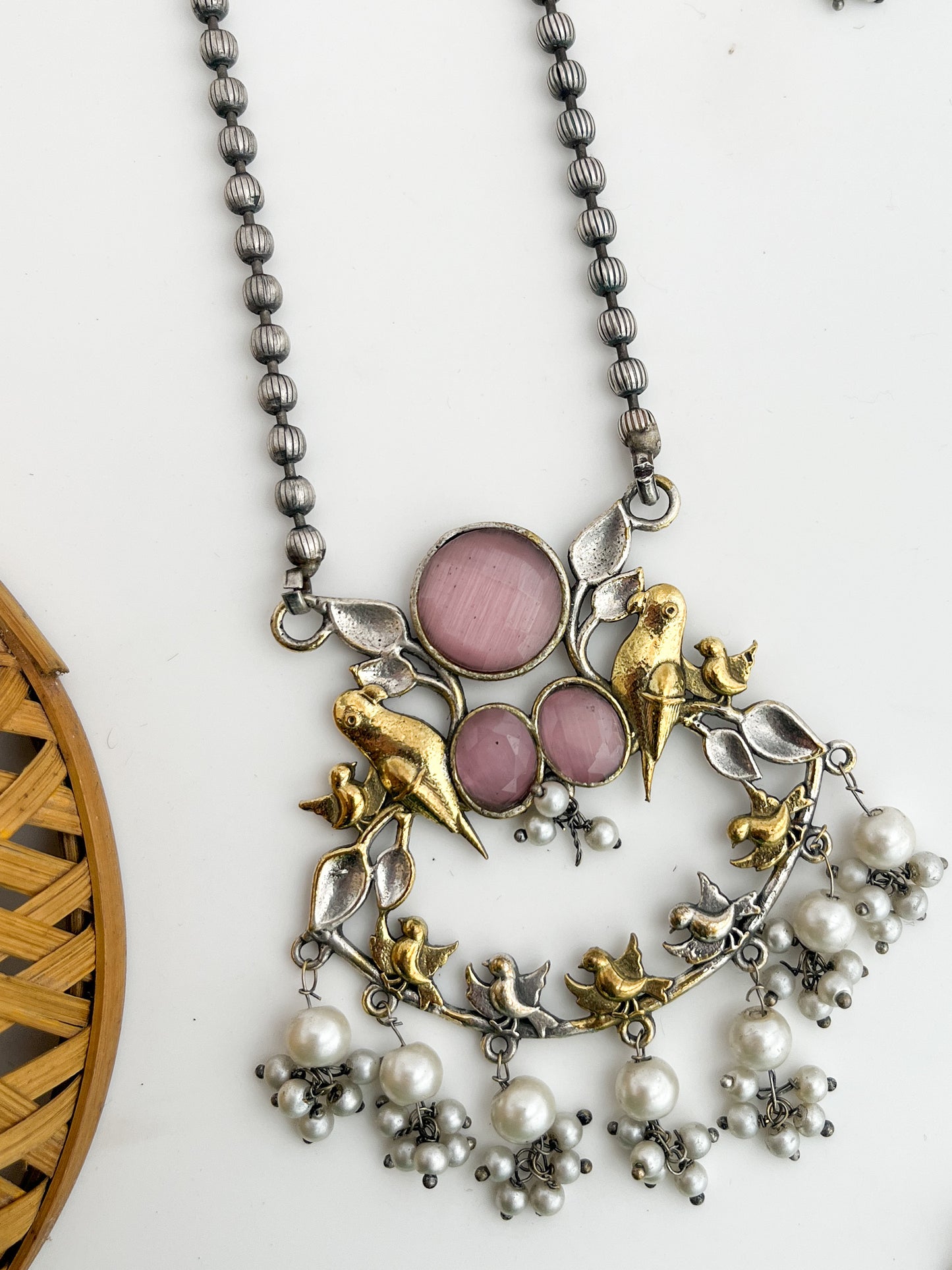 Panchi - Silver Oxidised Dual Tone Pink Stud Long Neckpiece