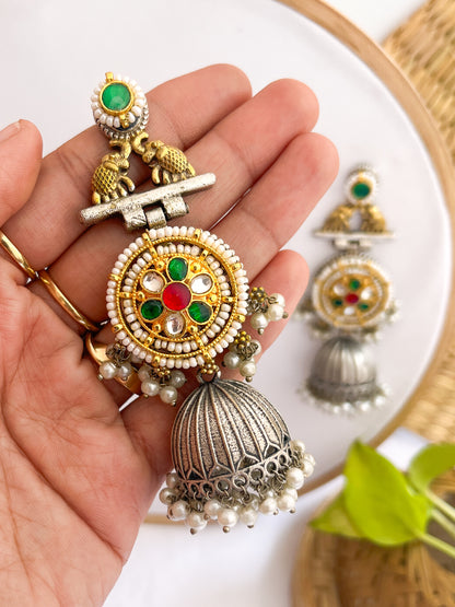 PARINITA - German Silver Dual Tone Jhumka With Beautiful Kundan Work Green