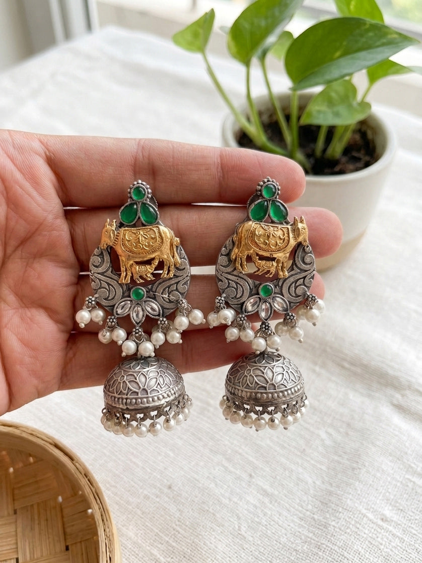 PARUL -German Silver Dual Tone Kamadhenu Jhumka
