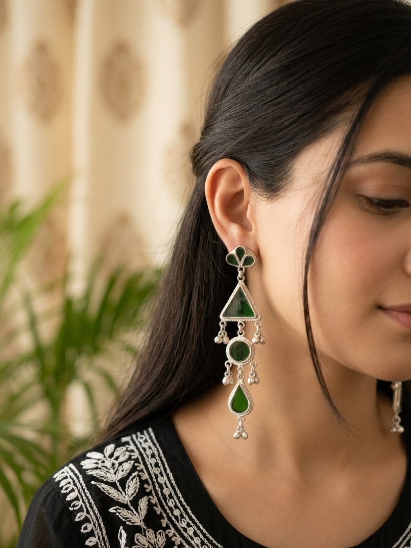 PARVATI - Green Glass Dangler Afghani Mix Metal Earring