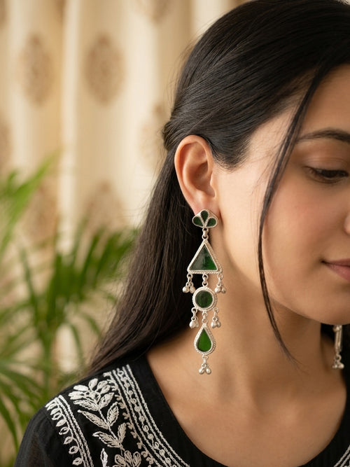 PARVATI - Green Glass Dangler Afghani Mix Metal Earring