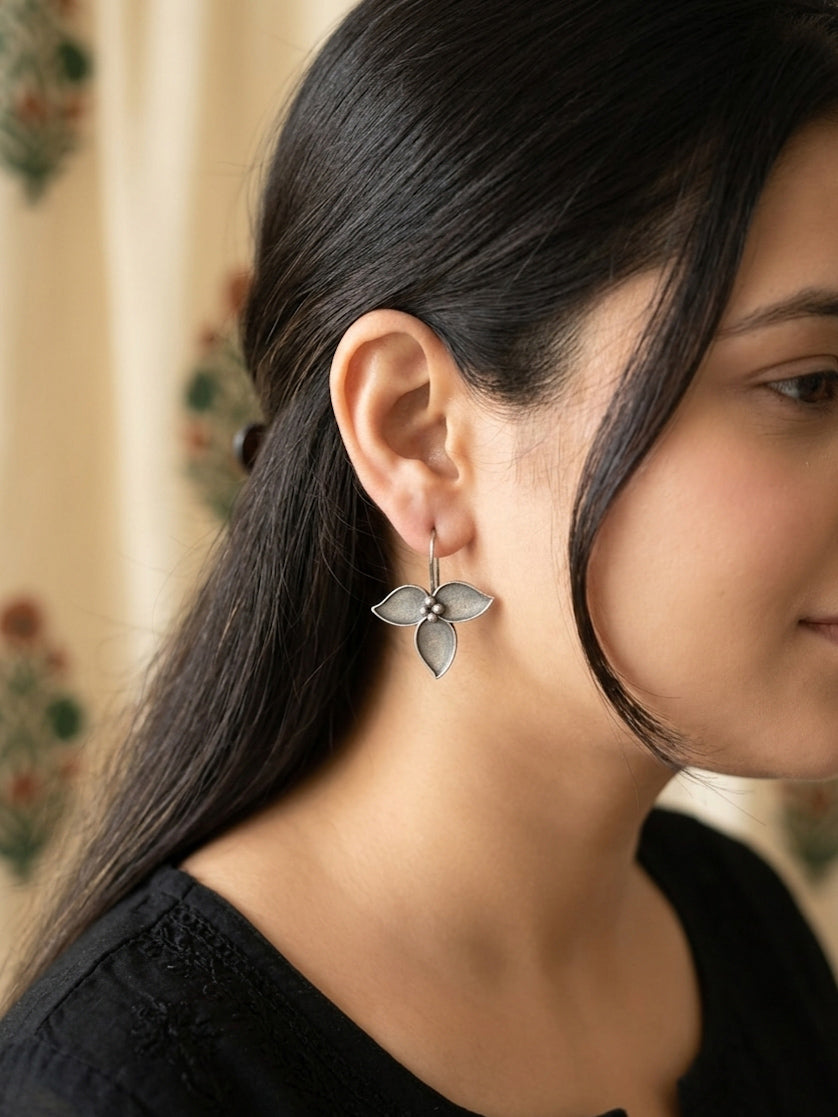 PHOOL - German Silver Three Petal Flower Danglers