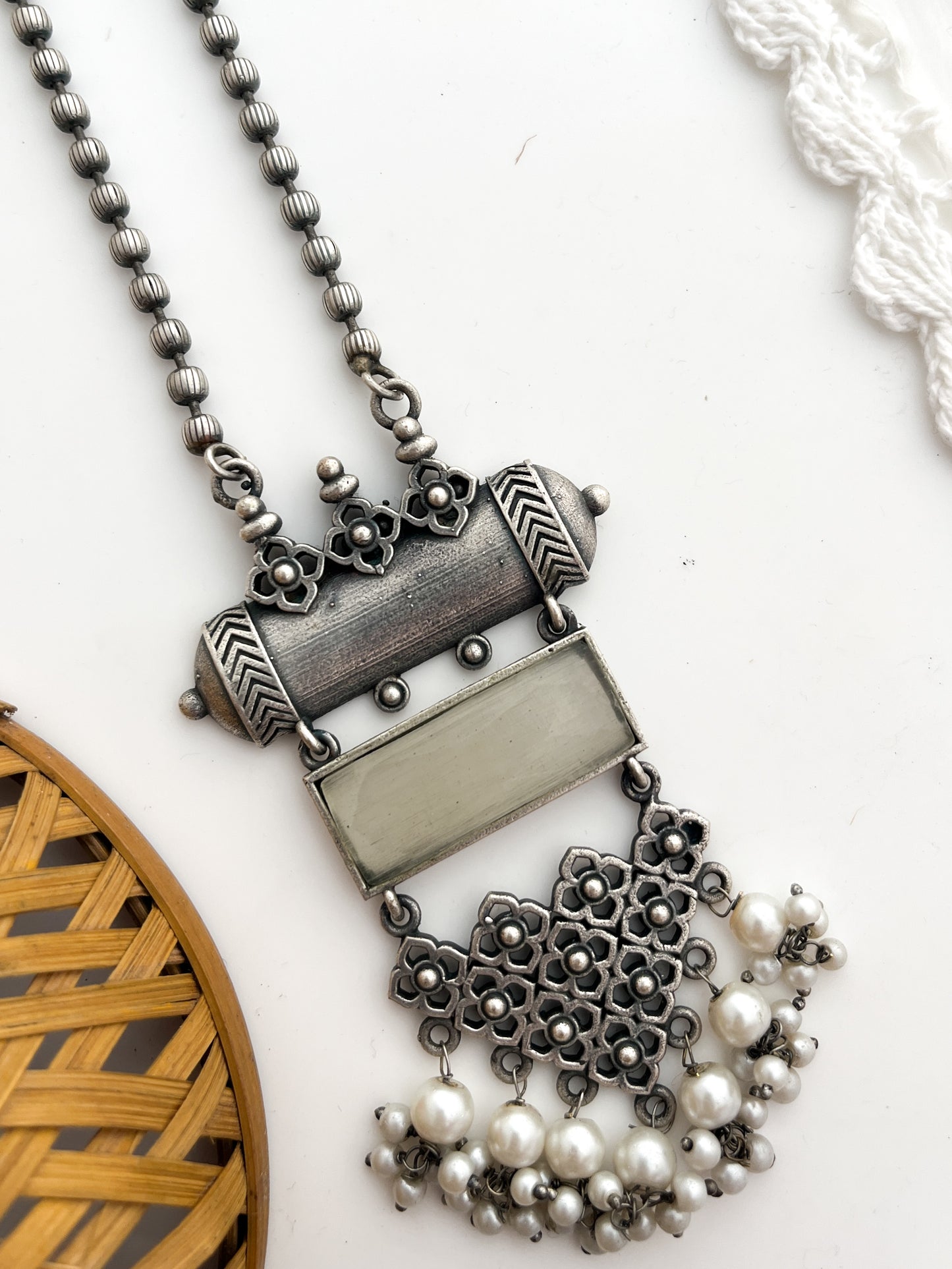 Pia - Silver Oxidized White Stone Long Neckpiece